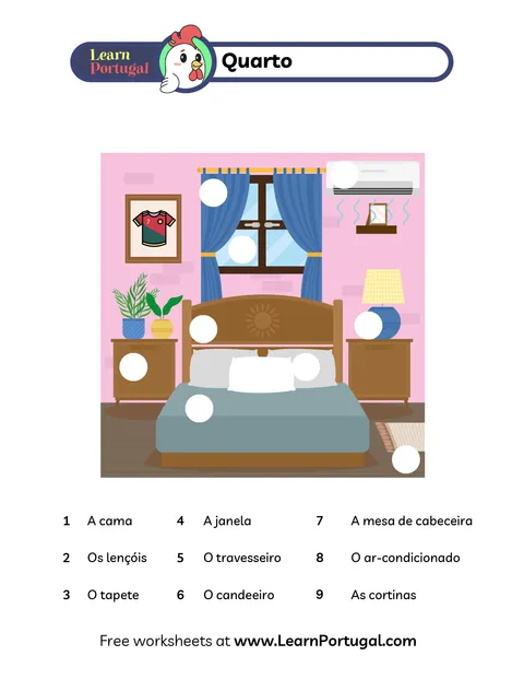 Bedroom items vocabulary worksheets with numbered furniture tied to Portuguese vocabulary labels.