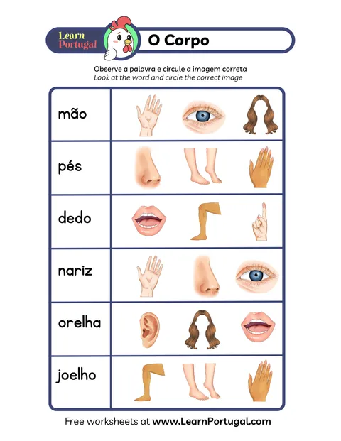 Worksheet prompting learners to circle pictures that match Portuguese body part words.
