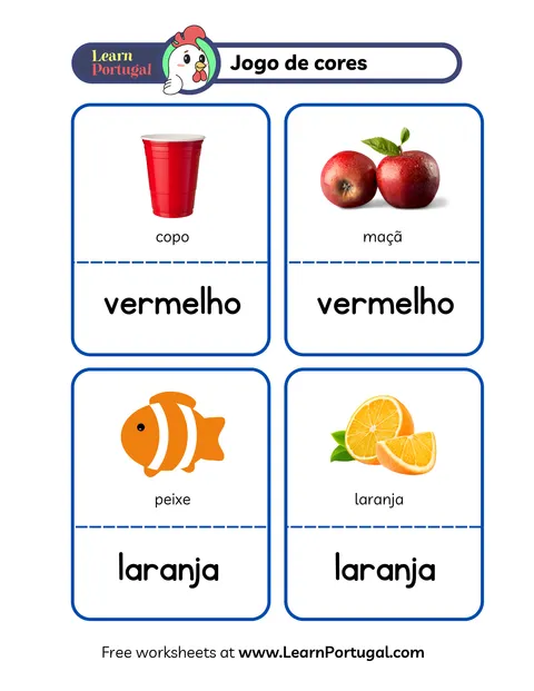 Flashcards showing Portuguese color words with red and orange objects.