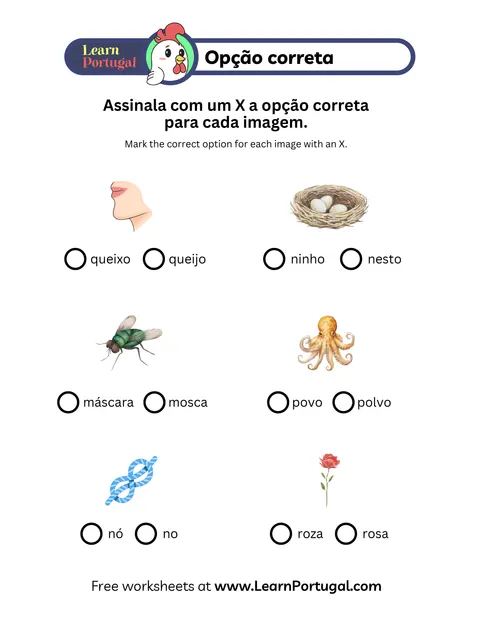 Worksheet with illustrated objects and two Portuguese word options to circle.