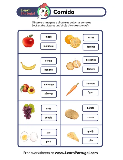 Worksheet matching Portuguese food words to colorful illustrations.