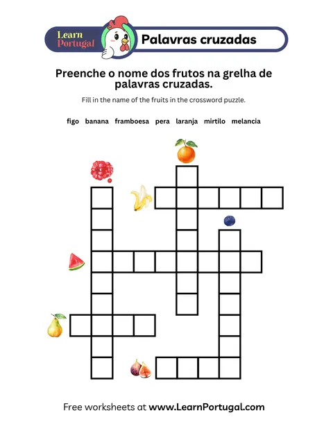 Portuguese fruit crossword puzzle with illustrated clue boxes.