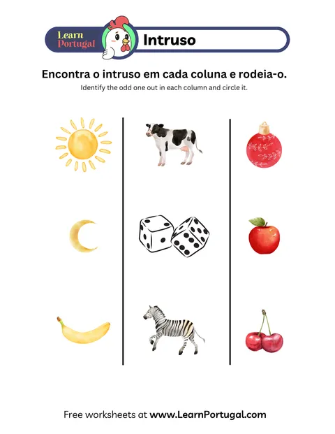 Grid of picture sets asking learners which item doesn’t belong in Portuguese.