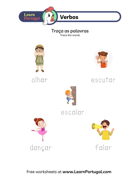 Tracing sheet of Portuguese action verbs paired with lively illustrations.