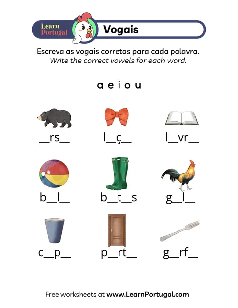 Portuguese vocabulary worksheet with missing vowels to complete each word.