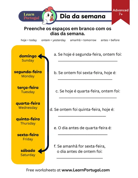 Days-of-the-week worksheet with Portuguese sentences and blank spaces to fill in.