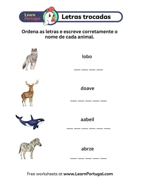 Portuguese word scramble worksheet with seasonal clues and blank answer spaces.