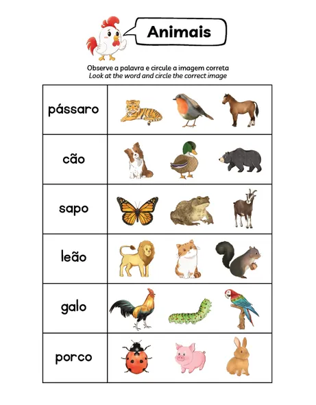 Word Practice for Kids learning Portuguese, page 1.