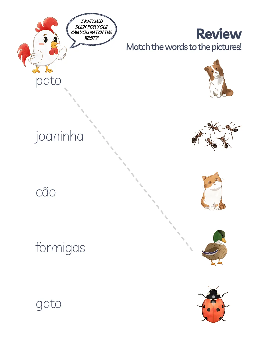 Word-to-image matching activities for European Portuguese vocabulary related to animals and insects