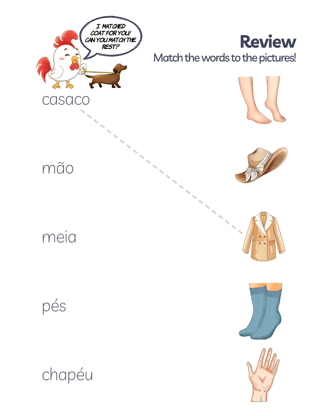 Word-to-image matching activities for European Portuguese vocabulary related to clothing and body parts